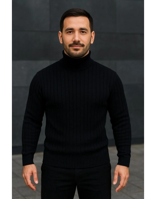 Erkek Fitilli Triko Kazak 2li Set Gri Siyah  Balıkcı Yaka Tam Boğazlı Triko Seti