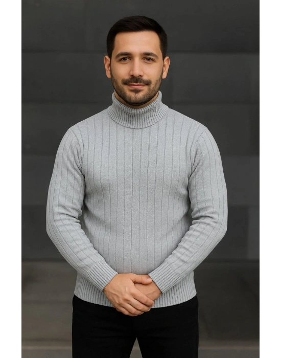Erkek Fitilli Triko Kazak 2li Set Gri Siyah  Balıkcı Yaka Tam Boğazlı Triko Seti
