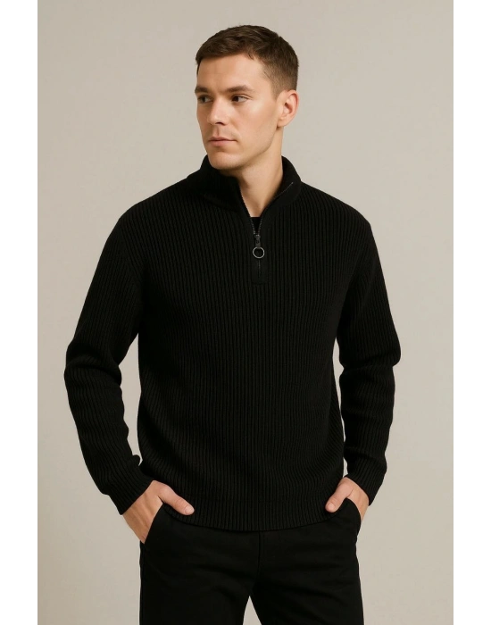 Erkek Fitilli Triko Kazak 2’li Set Siyah Bej Kalın Dokuma Pamuklu Regular Fit V Yaka