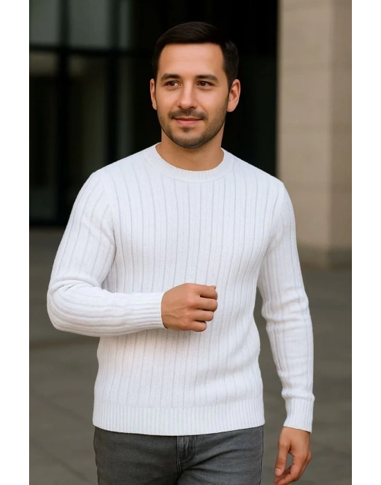 Erkek Fitilli Triko Kazak 2’li Set Siyah Beyaz Kalın Dokuma Pamuklu Regular Fit Bisiklet