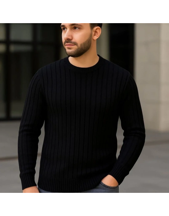 Erkek Fitilli Triko Kazak 2’li Set Siyah Beyaz Kalın Dokuma Pamuklu Regular Fit Bisiklet