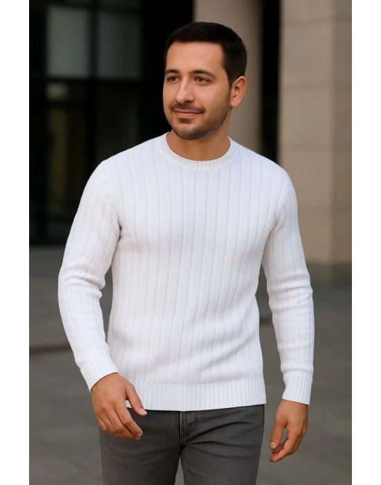 Erkek Fitilli Triko Kazak 2’li Set Siyah Beyaz Kalın Dokuma Pamuklu Regular Fit Bisiklet