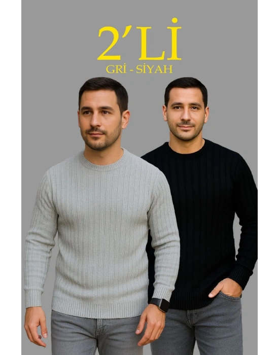 Erkek Fitilli Triko Kazak 2’li Set Siyah Gri Kalın Dokuma Pamuklu Regular Fit Bisiklet