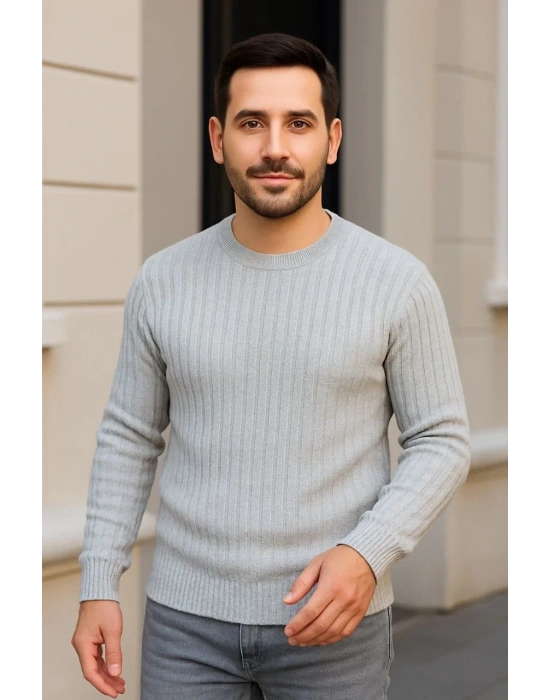 Erkek Fitilli Triko Kazak 2’li Set Siyah Gri Kalın Dokuma Pamuklu Regular Fit Bisiklet