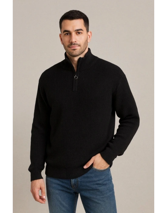 Erkek Fitilli Triko Kazak 2’li Set Siyah Haki Kalın Dokuma Pamuklu Regular Fit V Yaka