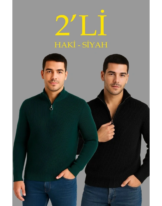Erkek Fitilli Triko Kazak 2’li Set Siyah Haki Kalın Dokuma Pamuklu Regular Fit V Yaka