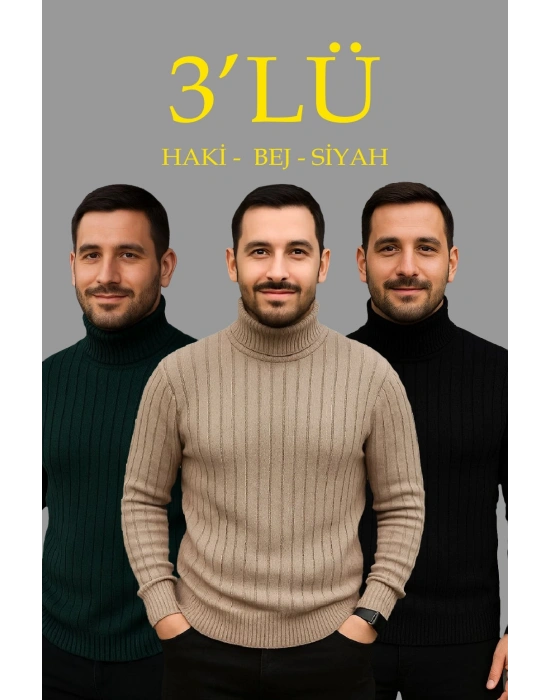 Erkek Fitilli Triko Kazak 3lÜ Set Bej Haki Siyah Regular Balıkcı Yaka Tam Boğazlı Triko