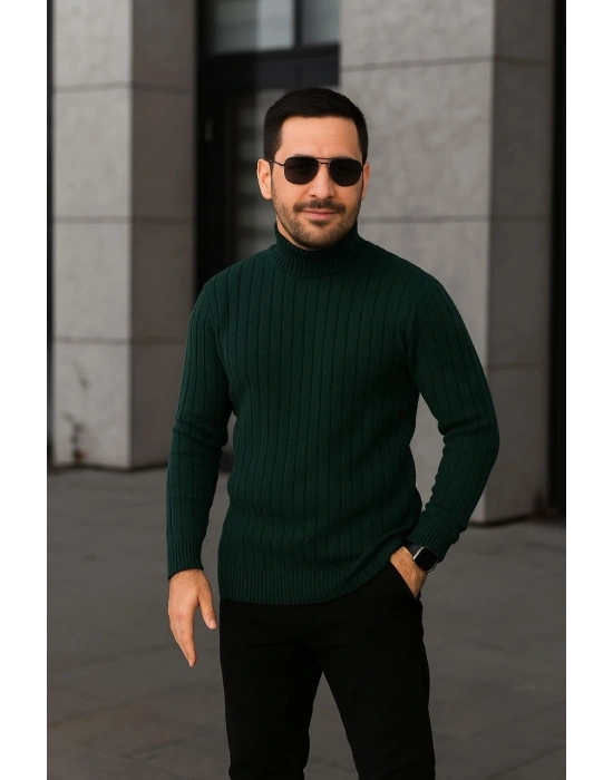 Erkek Fitilli Triko Kazak 3lÜ Set Bej Haki Siyah Regular Balıkcı Yaka Tam Boğazlı Triko