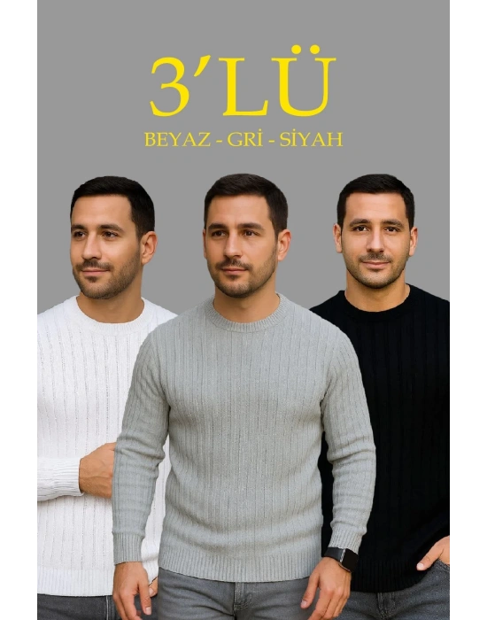 Erkek Fitilli Triko Kazak 3lü Set Beyaz Gri Siyah Regular Fit Bisiklet Yaka Triko Seti