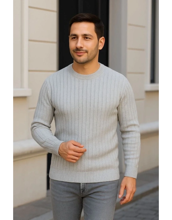 Erkek Fitilli Triko Kazak 3lü Set Beyaz Gri Siyah Regular Fit Bisiklet Yaka Triko Seti