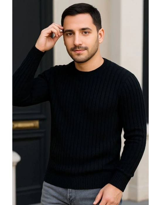 Erkek Fitilli Triko Kazak 3lü Set Beyaz Gri Siyah Regular Fit Bisiklet Yaka Triko Seti