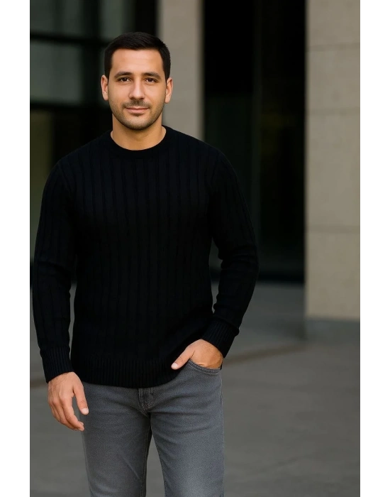 Erkek Fitilli Triko Kazak 3lü Set Beyaz Gri Siyah Regular Fit Bisiklet Yaka Triko Seti