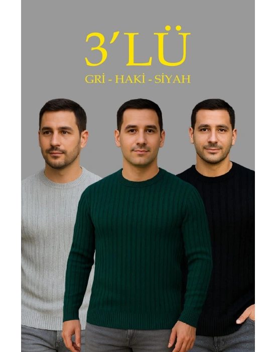 Erkek Fitilli Triko Kazak 3lü Set Gri Haki Siyah Regular Fit Bisiklet Yaka Triko Seti Modeli Kazak