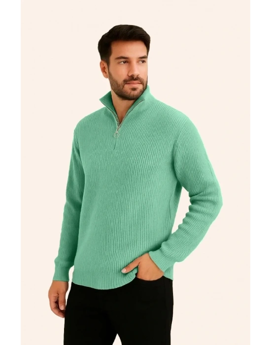 Erkek Fitilli Triko Kazak 3’lü Set Mint Yeşili Siyah Bej Kalın Dokuma Pamuklu Regular Fit