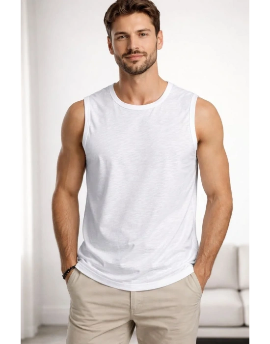 Erkek Flamlı Kumaş Sıfır Kolsuz Atlet Basic Spor Üst, Günlük ve Fitness Kullanımına Uygun - Beyaz