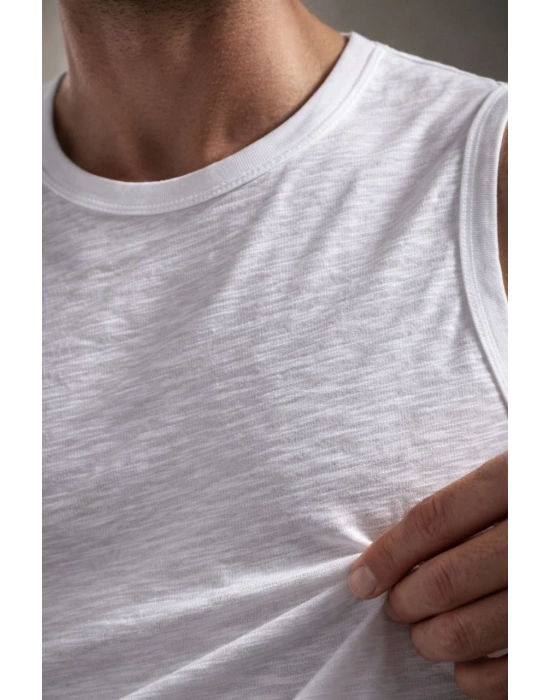 Erkek Flamlı Kumaş Sıfır Kolsuz Atlet Basic Spor Üst, Günlük ve Fitness Kullanımına Uygun - Beyaz