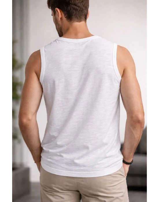 Erkek Flamlı Kumaş Sıfır Kolsuz Atlet Basic Spor Üst, Günlük ve Fitness Kullanımına Uygun - Beyaz