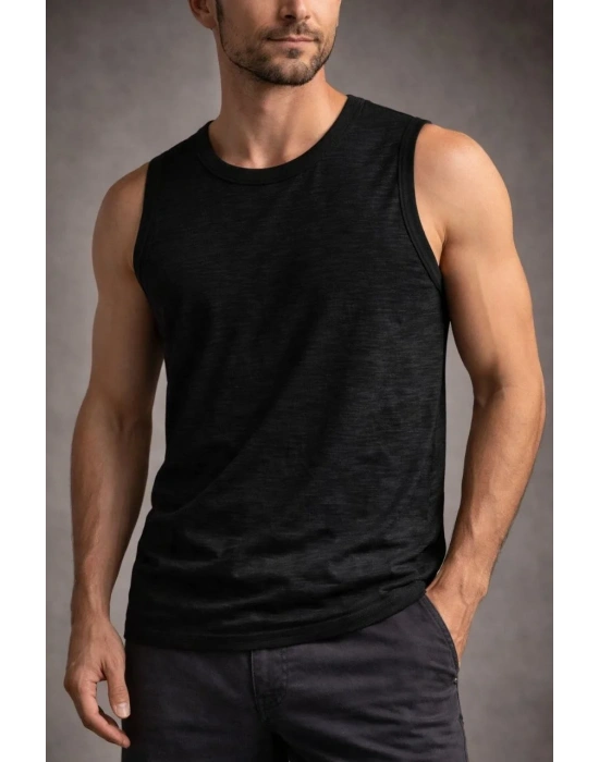 Erkek Flamlı Kumaş Sıfır Kolsuz Atlet Basic Spor Üst, Günlük ve Fitness Kullanımına Uygun - Siyah