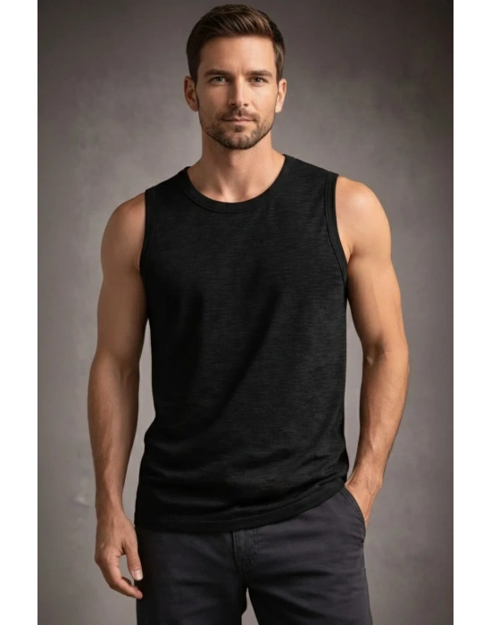 Erkek Flamlı Kumaş Sıfır Kolsuz Atlet Basic Spor Üst, Günlük ve Fitness Kullanımına Uygun - Siyah