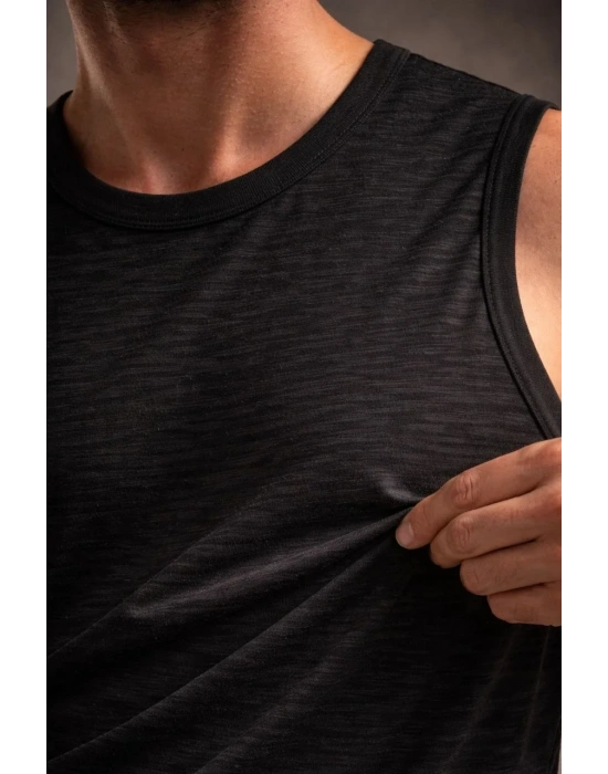 Erkek Flamlı Kumaş Sıfır Kolsuz Atlet Basic Spor Üst, Günlük ve Fitness Kullanımına Uygun - Siyah