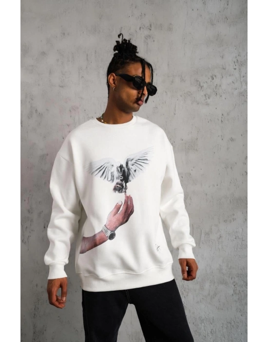 Erkek Güvercin Baskılı Sweatshirt - Beyaz