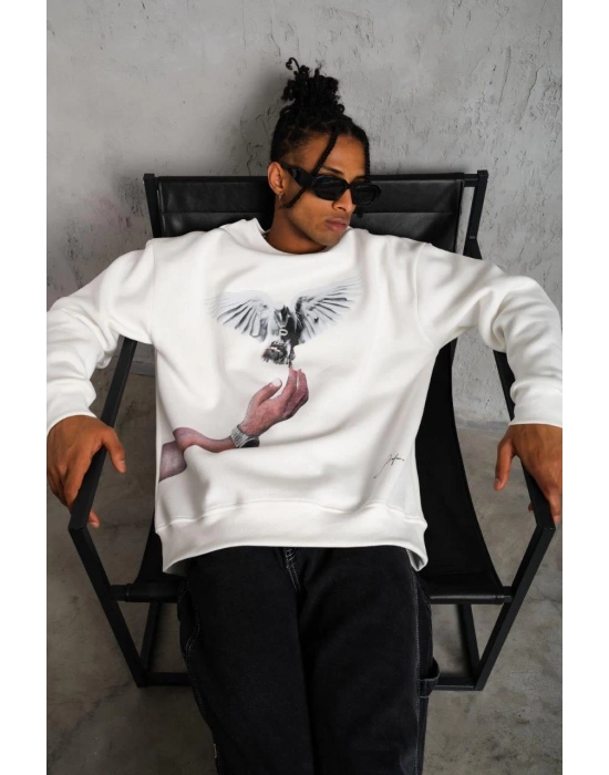 Erkek Güvercin Baskılı Sweatshirt - Beyaz