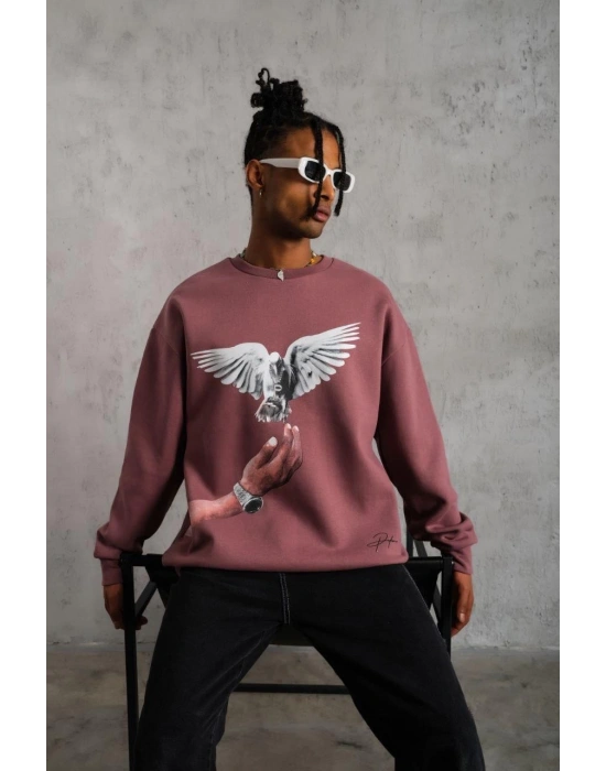 Erkek Güvercin Baskılı Sweatshirt - Gül Kurusu