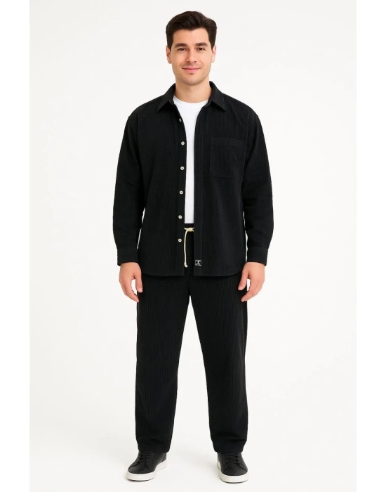 Erkek Kadife Oversize Takım Gömlek Pantolon İkili Set Füme Corduroy Şıklığı Zarif - Siyah
