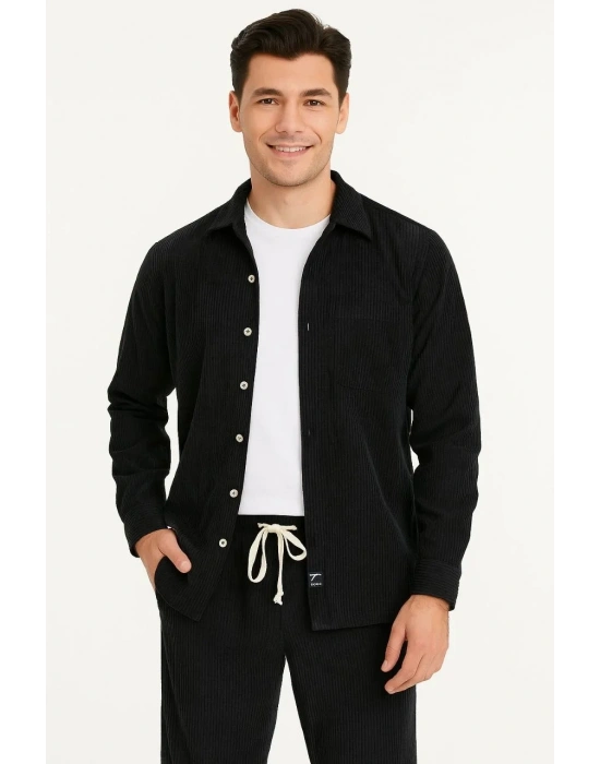 Erkek Kadife Oversize Takım Gömlek Pantolon İkili Set Füme Corduroy Şıklığı Zarif - Siyah