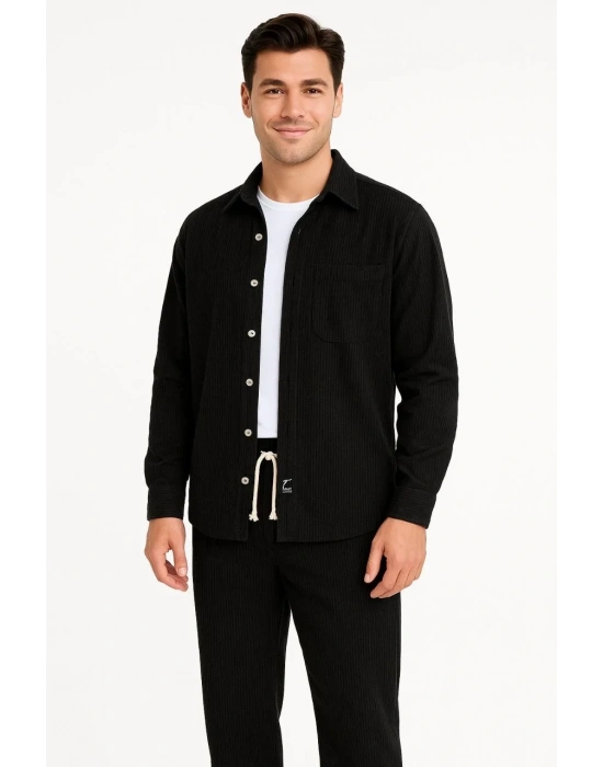 Erkek Kadife Oversize Takım Gömlek Pantolon İkili Set Füme Corduroy Şıklığı Zarif - Siyah