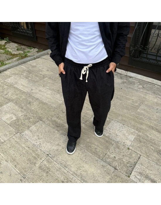 Erkek Kadife Oversize Takım Gömlek Pantolon İkili Set Füme Corduroy Şıklığı Zarif - Siyah