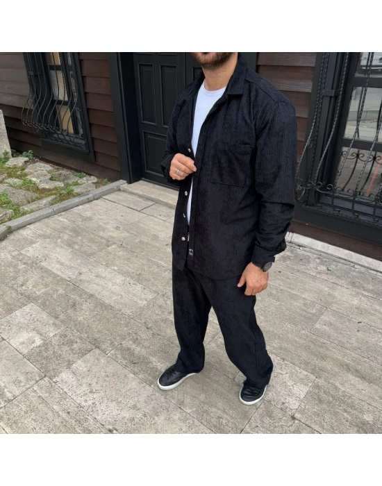 Erkek Kadife Oversize Takım Gömlek Pantolon İkili Set Füme Corduroy Şıklığı Zarif - Siyah
