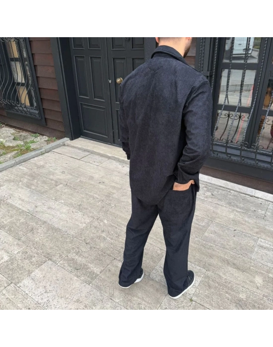 Erkek Kadife Oversize Takım Gömlek Pantolon İkili Set Füme Corduroy Şıklığı Zarif - Siyah