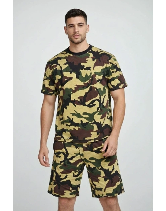 Erkek Kamuflaj Desenli Tişört Şort Takım Regular Fit Spor 2’li - Kamuflaj