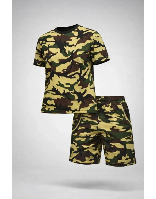 Erkek Kamuflaj Desenli Tişört Şort Takım Regular Fit Spor 2’li - Kamuflaj