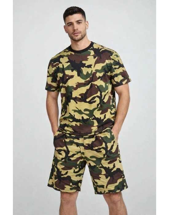 Erkek Kamuflaj Desenli Tişört Şort Takım Regular Fit Spor 2’li - Kamuflaj