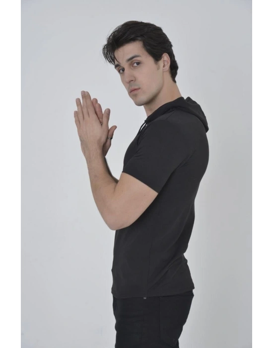 Erkek Kapşonlu Slim Fit T-shirt - Siyah