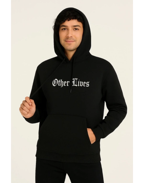 Erkek Kapşonlu Sweatshirt Oversize Üç İplik Şardonlu Other Lives Ön Arka Baskılı - Siyah