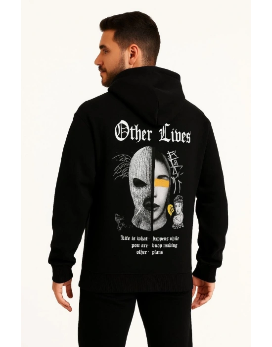 Erkek Kapşonlu Sweatshirt Oversize Üç İplik Şardonlu Other Lives Ön Arka Baskılı - Siyah