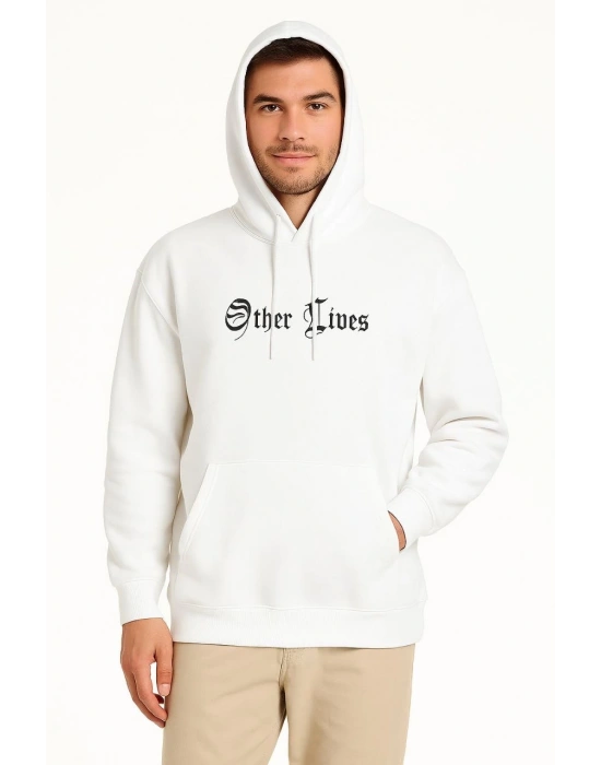 Erkek Kapşonlu Sweatshirt Oversize Üç İplik Şardonlu Other Lives Ön Arka Baskılı - Beyaz
