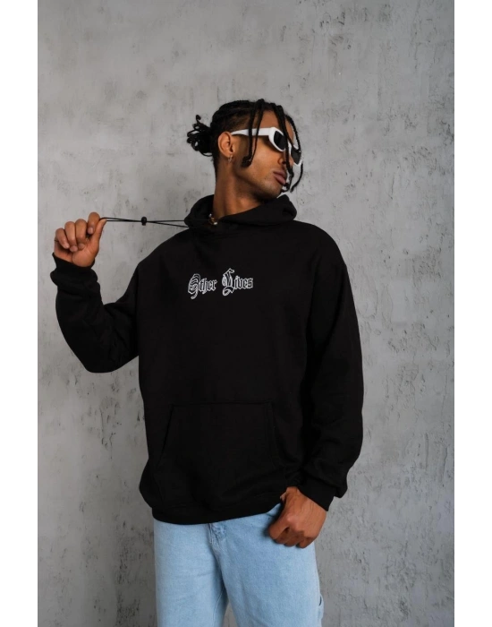 Erkek Kapşonlu Sweatshirt Oversize Üç İplik Şardonlu Other Lives Ön Arka Baskılı - Siyah
