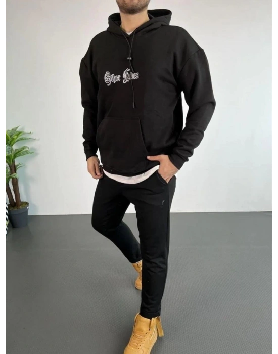 Erkek Kapşonlu Sweatshirt Oversize Üç İplik Şardonlu Other Lives Ön Arka Baskılı - Siyah