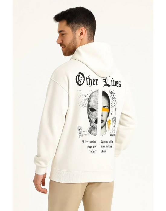 Erkek Kapşonlu Sweatshirt Oversize Üç İplik Şardonlu Other Lives Ön Arka Baskılı - Beyaz
