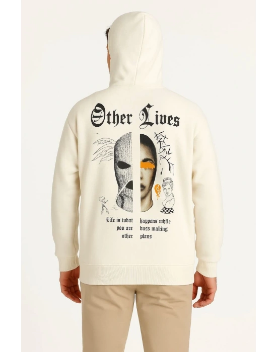 Erkek Kapşonlu Sweatshirt Oversize Üç İplik Şardonlu Other Lives Ön Arka Baskılı - Beyaz