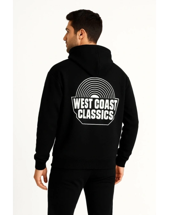 Erkek Kapşonlu Sweatshirt Oversize Üç İplik Şardonlu West Coast Classics Ön Arka - Siyah