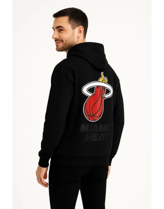 Erkek Kapşonlu Sweatshirt Üç İplik Şardonlu Oversize Fit Ön Arka Baskılı Kanguru - Siyah