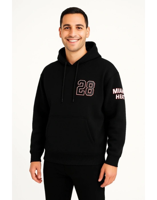 Erkek Kapşonlu Sweatshirt Üç İplik Şardonlu Oversize Fit Ön Arka Baskılı Kanguru - Siyah