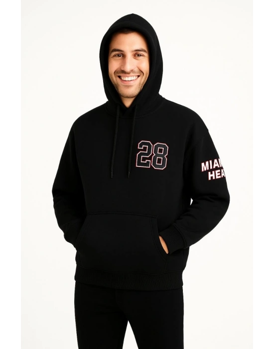 Erkek Kapşonlu Sweatshirt Üç İplik Şardonlu Oversize Fit Ön Arka Baskılı Kanguru - Siyah