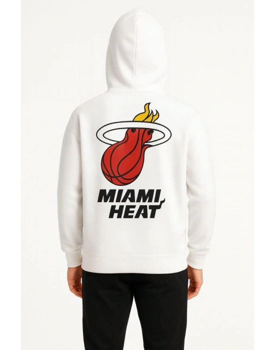 Erkek Kapşonlu Sweatshirt Üç İplik Şardonlu Oversize Fit Ön Arka Baskılı Kanguru - Beyaz