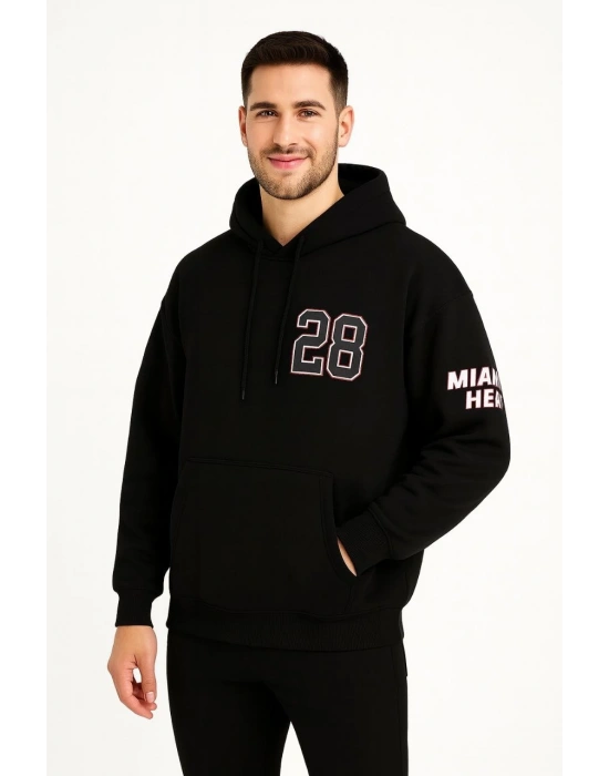 Erkek Kapşonlu Sweatshirt Üç İplik Şardonlu Oversize Fit Ön Arka Baskılı Kanguru - Siyah